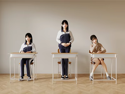 Three Women In Classroom With Desks Sitting And Standing On Wooden Floor 3d model