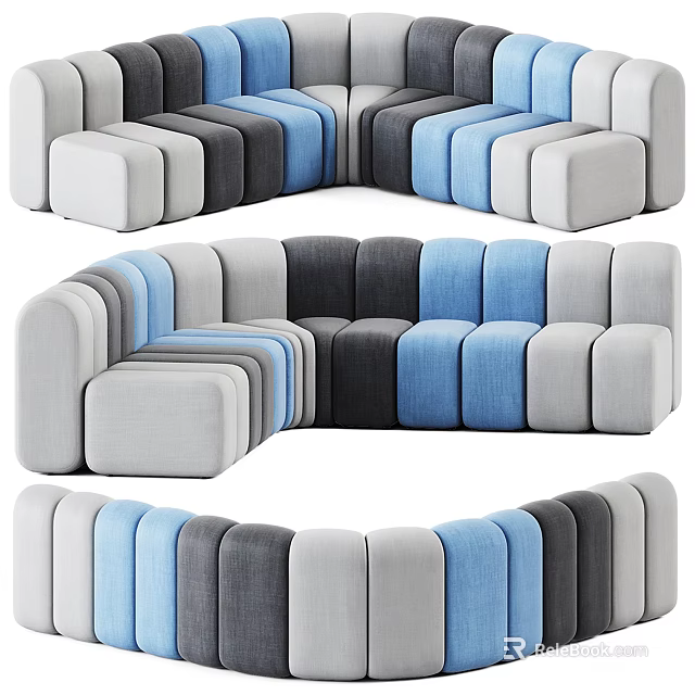 Modern Multi Person Sofa With Blue Gray White Modular Curved Sections Design 3d model 