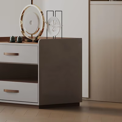 Modern Bedside Table With White Drawers Gray Frame Metal Handles And Decorative Clock 3d model
