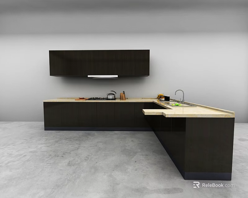 Modern Kitchen Interior Featuring Dark Wood Cabinets And Light Countertop 3d model 
