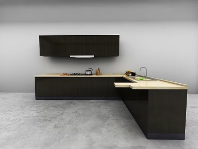 Modern Kitchen Interior Featuring Dark Wood Cabinets And Light Countertop 3d model