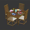 Wooden Dining Set With Four Chairs Tableware And Decorative Centerpiece For Modern Dining Room