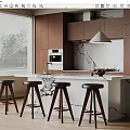 Stylish Bar Counter With Marble Top Four Stools And Wooden Cabinets In Kitchen”