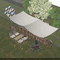 Garden Decorations with Canopy Tent Colorful Balloons String Lights Foldable Chairs and Bonfire Pit