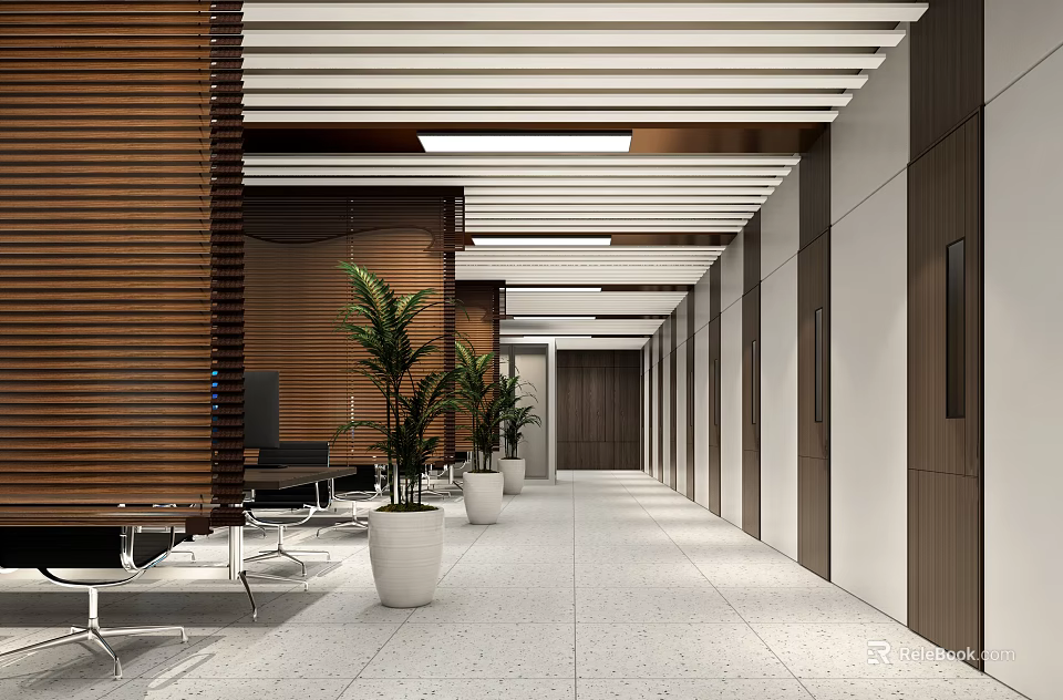 Modern Lounge Area Interior Design With Wooden Slats Plants And Metal Furniture 3d model 
