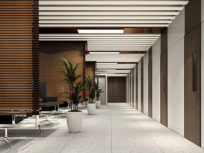 Modern Lounge Area Interior Design With Wooden Slats Plants And Metal Furniture 3d model