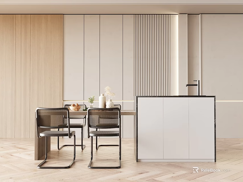 Modern Dining Table Combination with Chairs White Cabinet and Wooden Wall Interior 3d model 