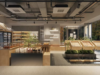 Modern Coffee Shop Interior Design With Wooden Tables Green Plants And Large Windows 3d model