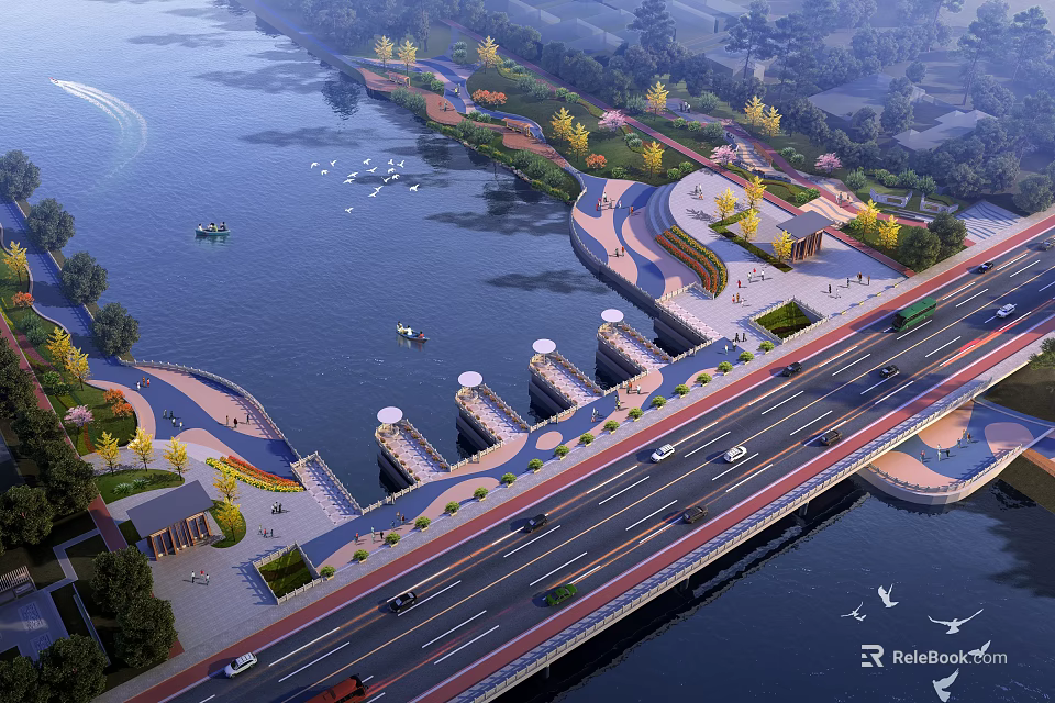 Scenic Landscape Bridge Over River With Road Vehicles Greenery And Walking Path 3d model 