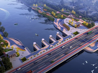 Scenic Landscape Bridge Over River With Road Vehicles Greenery And Walking Path 3d model