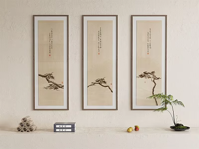 Chinese Style Wall Decor With Three Scroll Paintings Tree Branches And Decorative Items 3d model