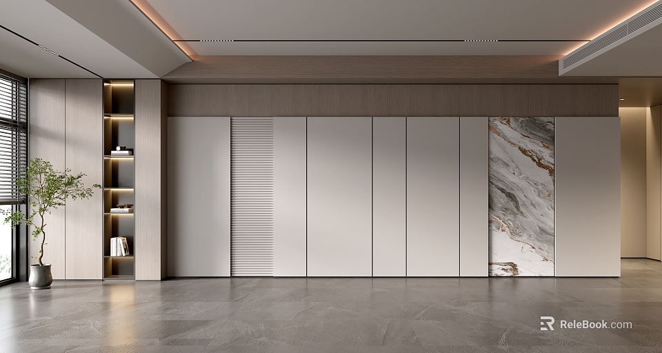 Modern Sofa Background Wall Design with Wooden Accents White Panels Marble Texture and Lighting Strips 3d model 