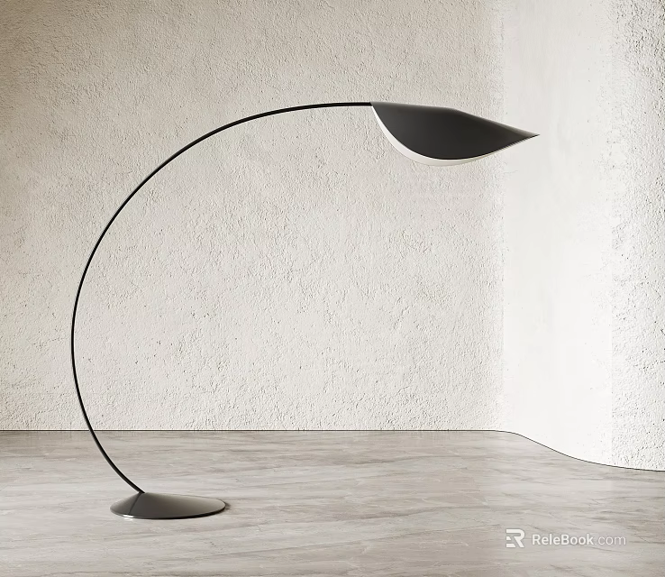 Modern Black Floor Lamp With Curved Stand And Leaf Shaped Shade On Wooden Floor 3d model 