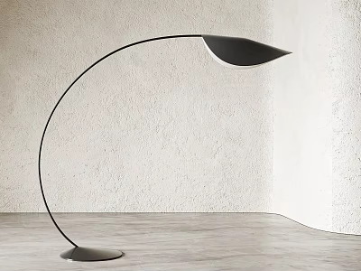 Modern Black Floor Lamp With Curved Stand And Leaf Shaped Shade On Wooden Floor 3d model