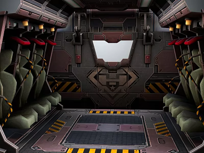 Cartoon Sci Fi Interior Scene With Green Seats Control Panel And Yellow Warning Stripes 3d model