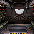 Cartoon Sci Fi Interior Scene With Green Seats Control Panel And Yellow Warning Stripes 3d model