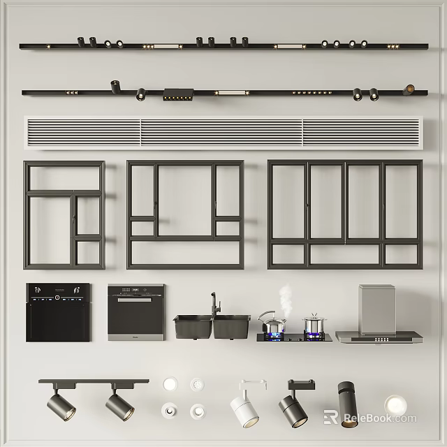 Modern Kitchen Interior Design With Downlights And Spotlights Ceiling Fixtures 3d model