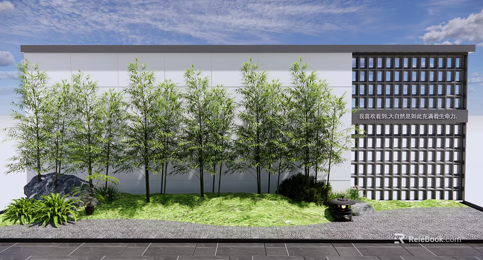 Modern Landscape Wall with Bamboo Trees Green Lawn and Stone Lantern 3d model 