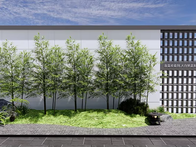 Modern Landscape Wall with Bamboo Trees Green Lawn and Stone Lantern 3d model