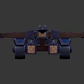 Medieval Mechanical Weapon with Wooden Brown and Blue Metal Components and Wheeled Design