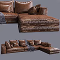 Comfortable Brown Leather Double Sofa With Plush Pillows And Gray Throw Blanket 3d model
