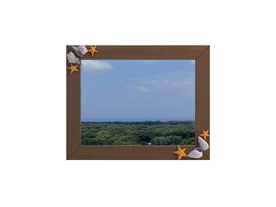 Decorative Mirror With Brown Frame Stars Shells Reflecting Blue Sky White Clouds Green Trees 3d model