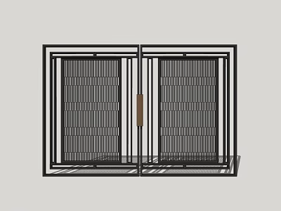 Modern Double Doors With Black Frame Grid Design And Wooden Handle 3d model