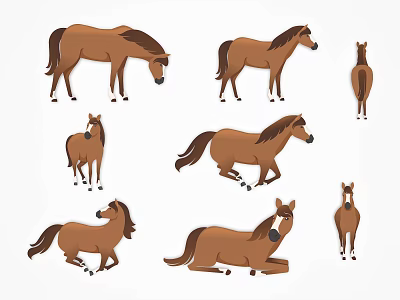 Brown Horse Illustrations Set With Different Poses Standing Running And Lying 3d model