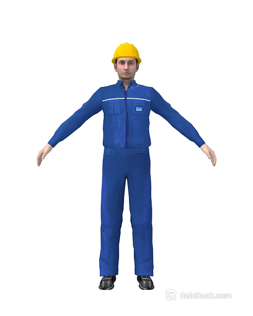 Man In Blue Work Uniform Overalls Full Body Front View Standing Pose 3d model 