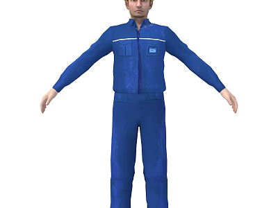 Man In Blue Work Uniform Overalls Full Body Front View Standing Pose 3d model