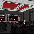 Elegant Banquet Hall Setup With Long Dining Tables Black Chairs And Red Stage Lighting