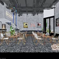 Industrial Style Bar Interior with Wine Racks Neon Sign Tables Chairs and Warm Lighting