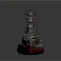 Vintage Battleship With Red Bottom Hull Gray Upper Deck And Turret Structures 3d model