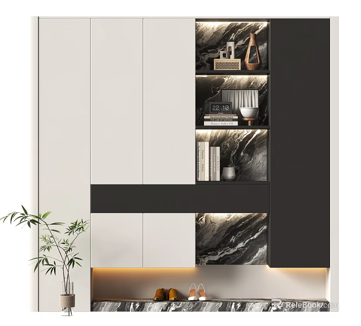 Modern Shoe Cabinet With Marble Texture White Black Open Shelves And LED Lighting 3d model 