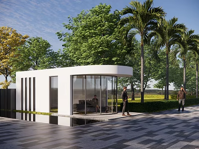 Modern Entrance Gate With Glass Structure Surrounded by Palm Trees and Lush Greenery 3d model