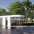 Modern Entrance Gate With Glass Structure Surrounded by Palm Trees and Lush Greenery