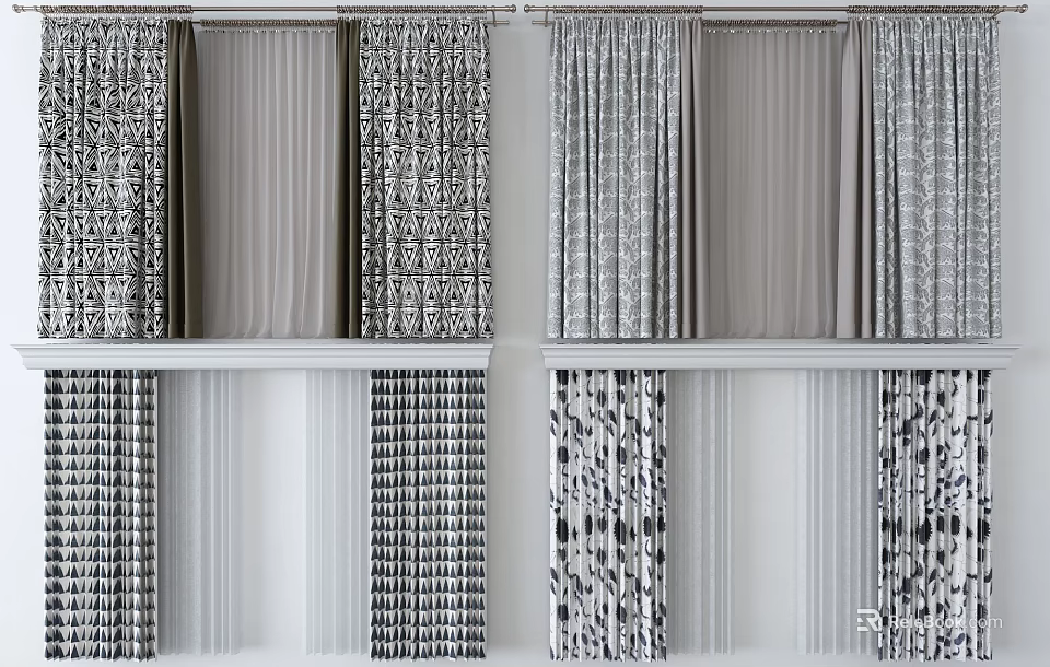 Modern Curtain Styles With Patterned And Solid Color Designs For Home Interior Decor 3d model 
