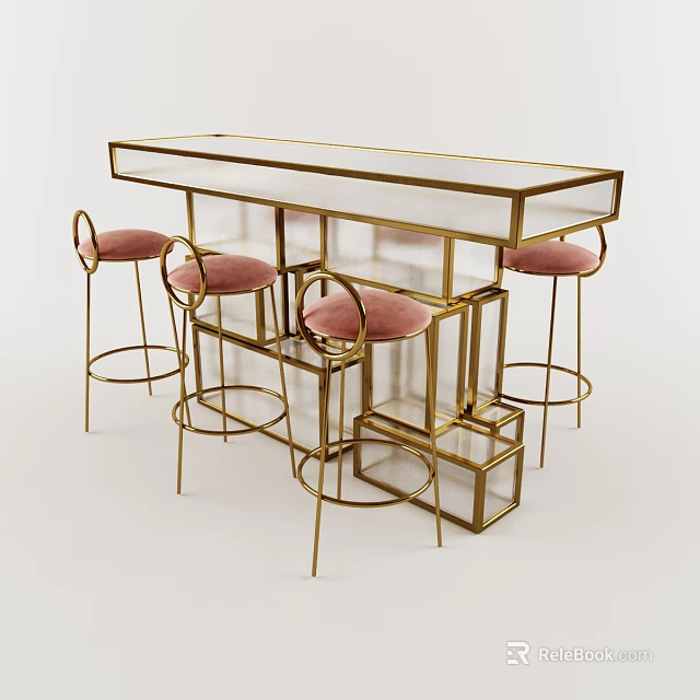Stylish Bar Design With Gold Frame Transparent Countertop And Pink Padded Stools 3d model 