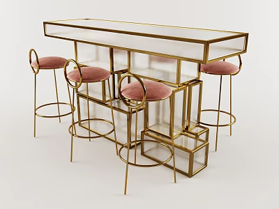 Stylish Bar Design With Gold Frame Transparent Countertop And Pink Padded Stools 3d model