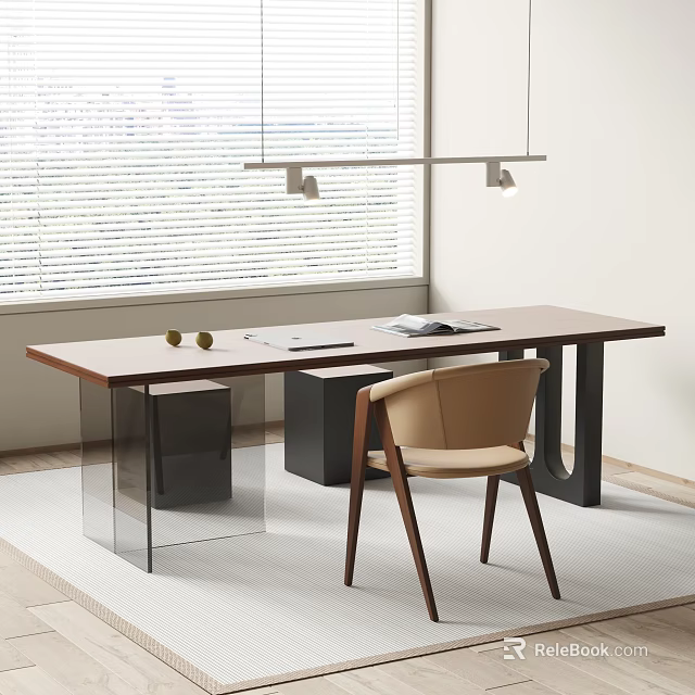 Modern Desk Interior With Hanging Lamp Beige Chair Notebook And Fruits 3d model 