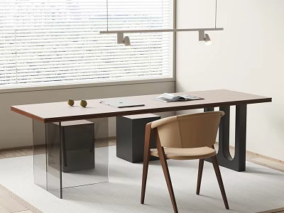 Modern Desk Interior With Hanging Lamp Beige Chair Notebook And Fruits 3d model