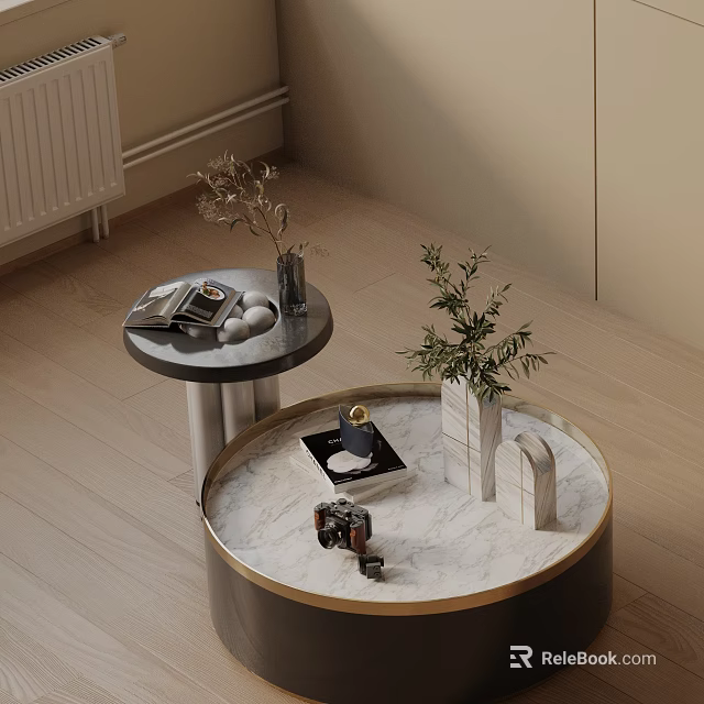 Modern Living Room Coffee Table Set With Round Marble Tops And Decorative Plants Accessories 3d model 
