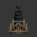 Ancient Cannon Weapon With Wooden Carriage Wheels And Cannonball On Top