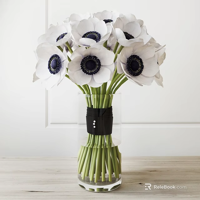 White Anemone Flowers in Clear Glass Vase with Black Ribbon on Wooden Table 3d model 