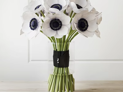 White Anemone Flowers in Clear Glass Vase with Black Ribbon on Wooden Table 3d model