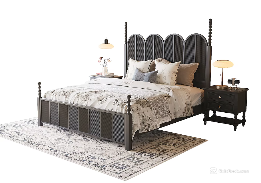 Dark Double Bed with Arched Paneled Headboard Patterned Bedding Nightstands Table Lamps and Rug 3d model 
