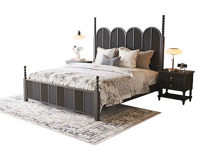 Dark Double Bed with Arched Paneled Headboard Patterned Bedding Nightstands Table Lamps and Rug 3d model