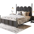 Dark Double Bed with Arched Paneled Headboard Patterned Bedding Nightstands Table Lamps and Rug