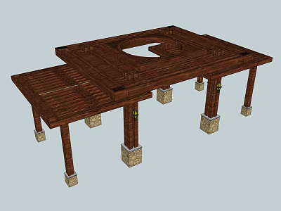 Wooden Pergola With Stone Base Columns And Circular Top Outdoor Structure 3d model