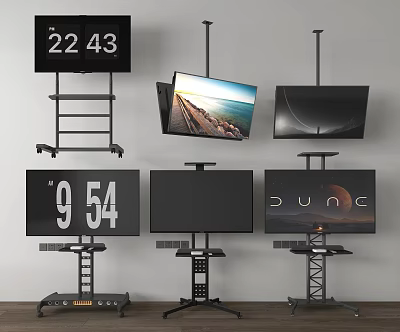 Different Televisions With Floor Stands Wall Mounts Time Displays And Landscape Scenes 3d model